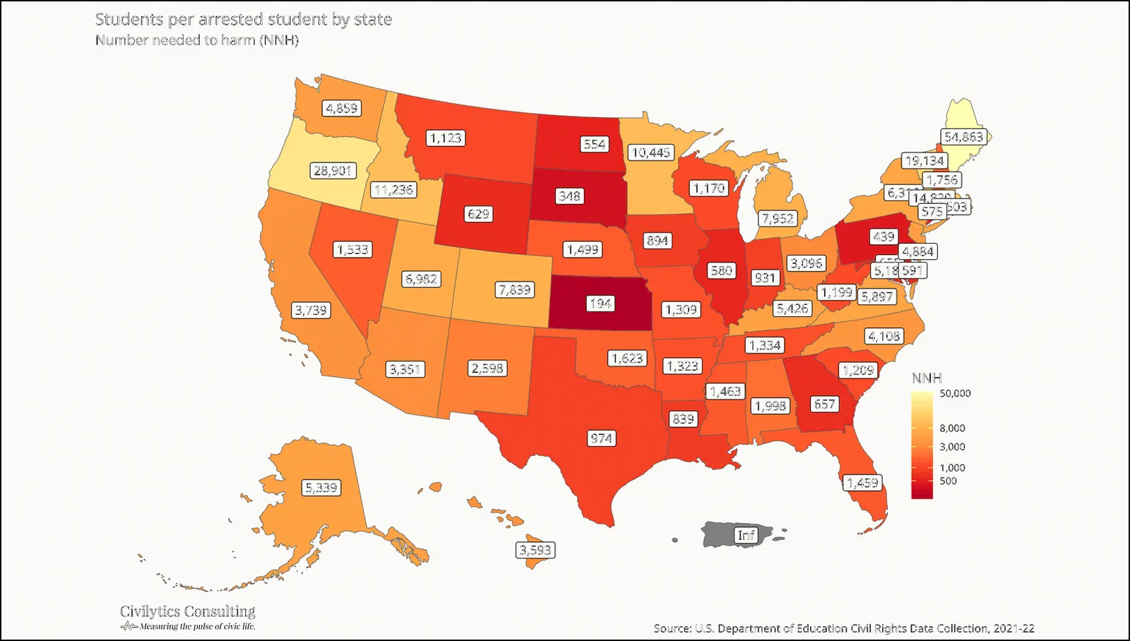 Chloropleth map highlighting arrest rates in schools by state, with higher arrest rate states like Kansas and South Dakota dark red and lighter arrest rate states like Oregon and Maine in yellow