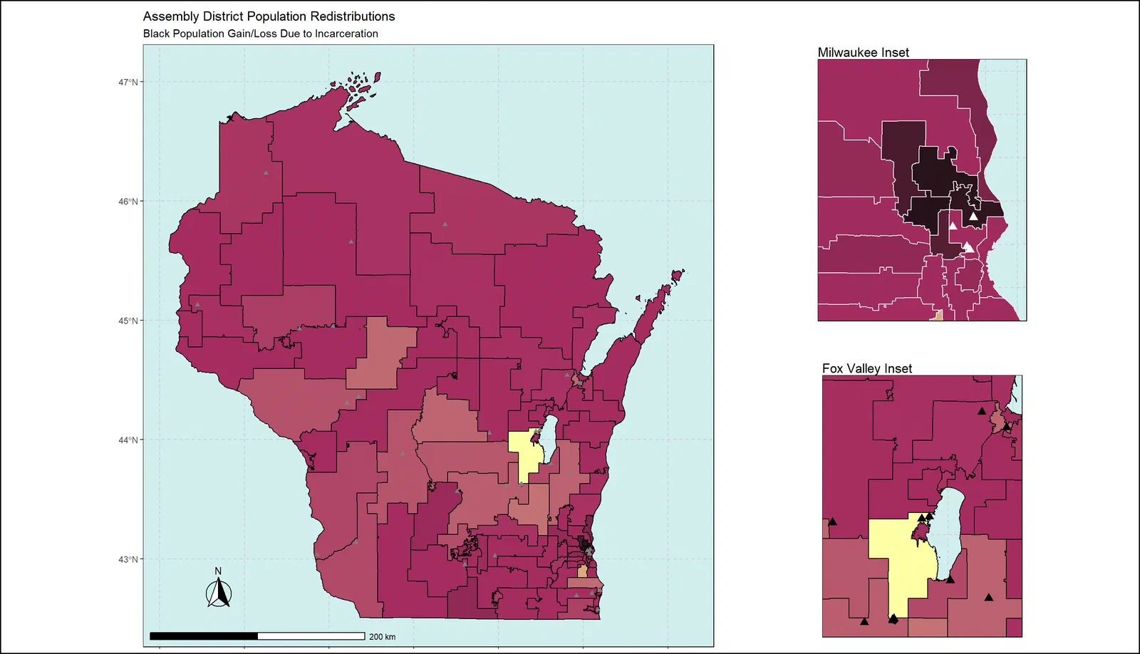 Wisconsin assembly district map showing gains and losses in Black population when incarcerated residents are counted at home rather than in prison