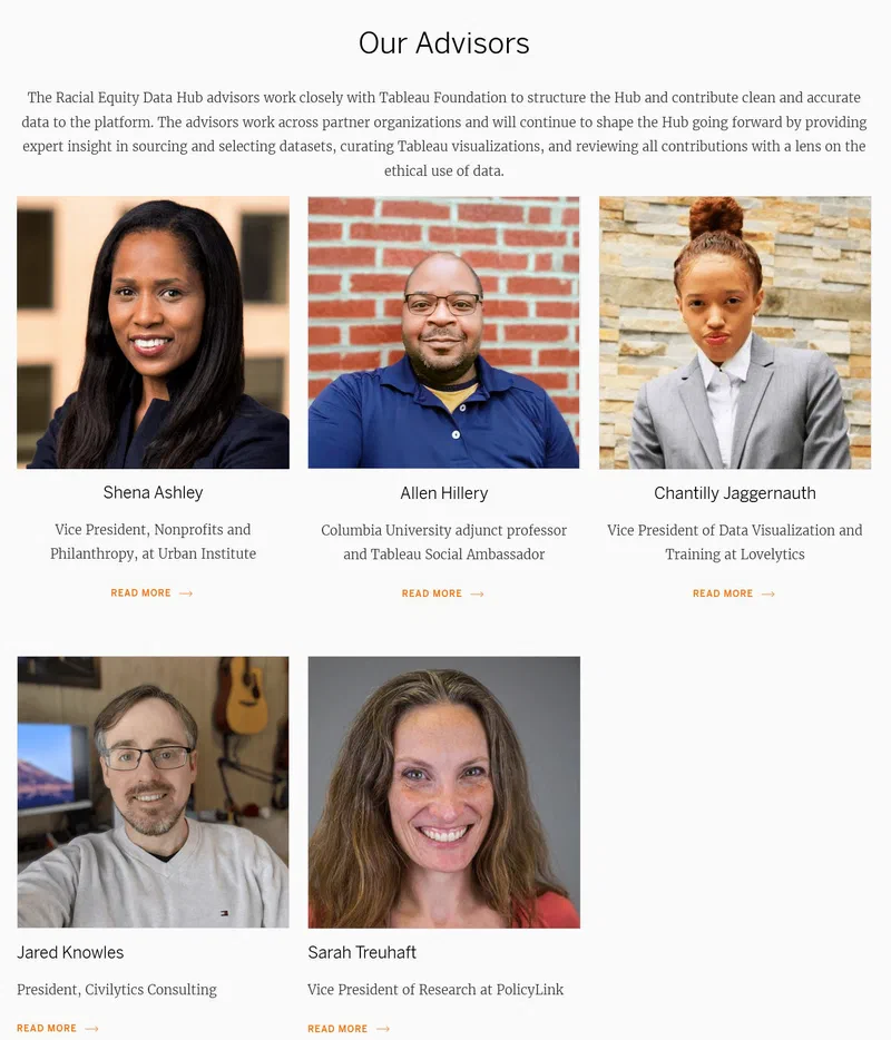Five headshots of the Racial Equity Data Hub advisors are displayed, identified as Shena Ashley, Allen Hillery, Chantilly Jaggernauth, Sarah Treuhaft, and Jared Knowles. These advisors provide expert insight in sourcing and selecting datasets, curating Tableau visualizations, and reviewing data contributions.