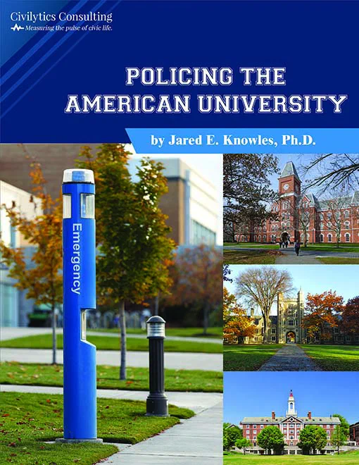 Collage illustrating 'Policing the American University' report, featuring campus scenes and an emergency call box. The report examines Campus Police Department (CPD) staffing and arrest data across over 800 colleges, revealing the prevalence of CPDs on American university campuses.