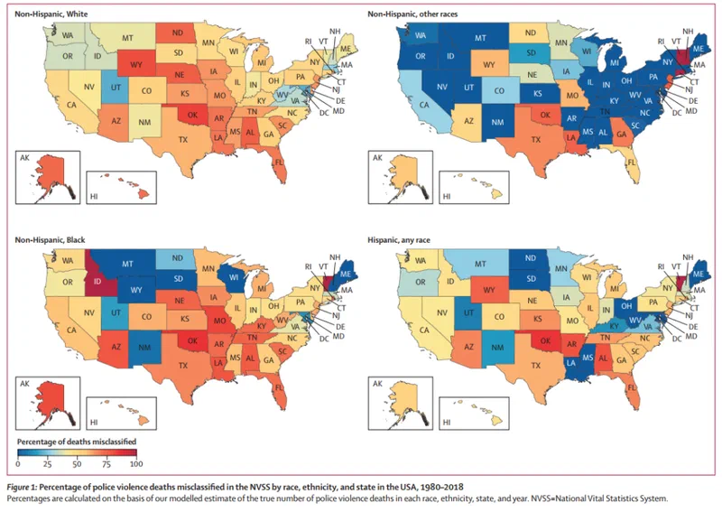 This is a choropleth map showing the percentage of police violence deaths misclassified in the NVSS by race, ethnicity, and state in 1980-2018. The map reveals significant variation across states, with many showing over 50% misclassification rates, indicating substantial underreporting of police violence deaths involving people of color.