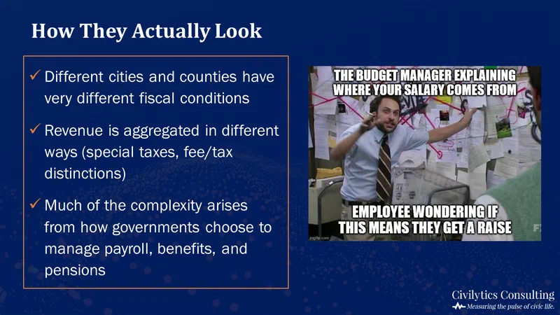 Meme depicting a man surrounded by charts and an employee questioning if this means they will get a raise, illustrating the complexity of local government finances. The meme highlights how different cities and counties aggregate revenue in various ways, creating confusion about where salary funds come from.