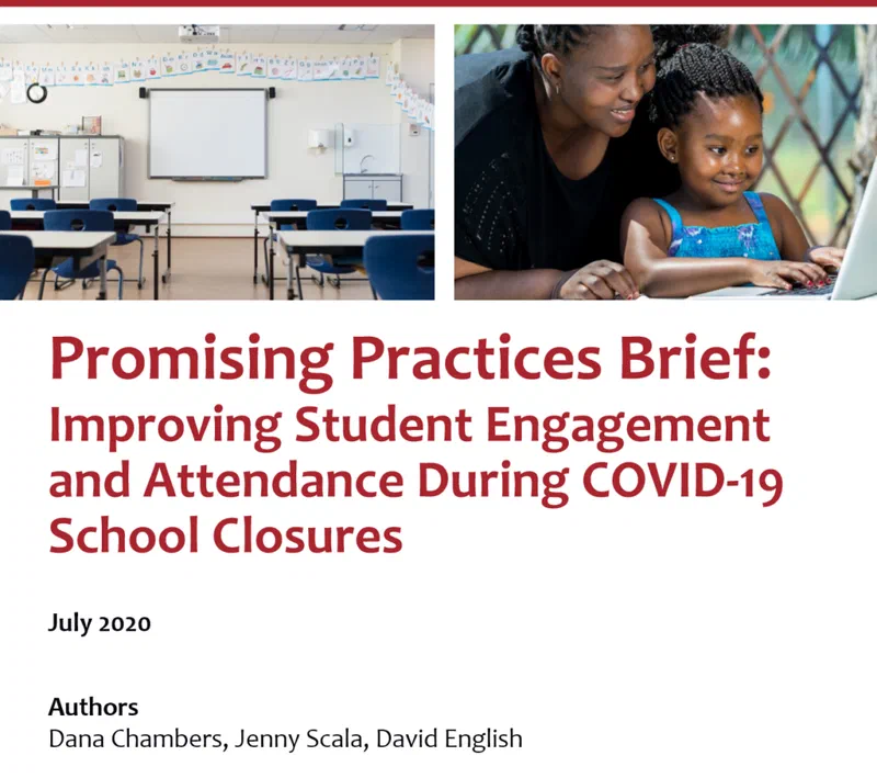 Composite image showing a classroom with desks and a teacher assisting a young student with reading. The text 'Promising Practices Brief: Improving Student Engagement and Attendance During COVID-19 School Closures' appears over the image.